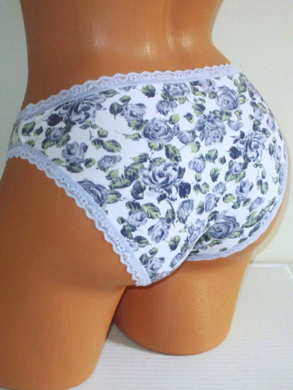 Victorias Secret Cotton Bikini Panty S M XL Lace Trim White Blue Floral NWT